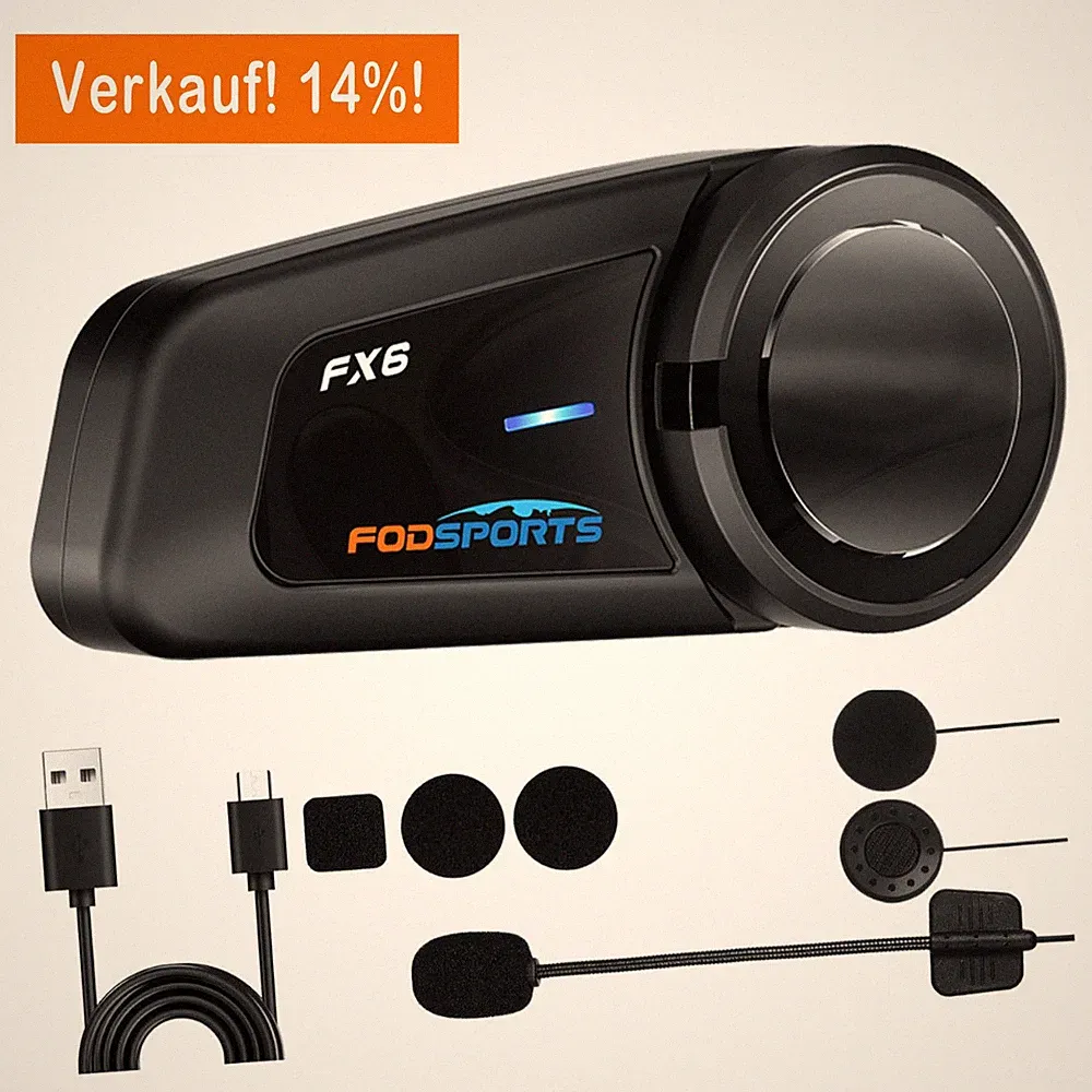 1KM FX6 Bluetooth Intercom Motorrad Gegensprechanlage Helm Headset GPS 6 Fahrer