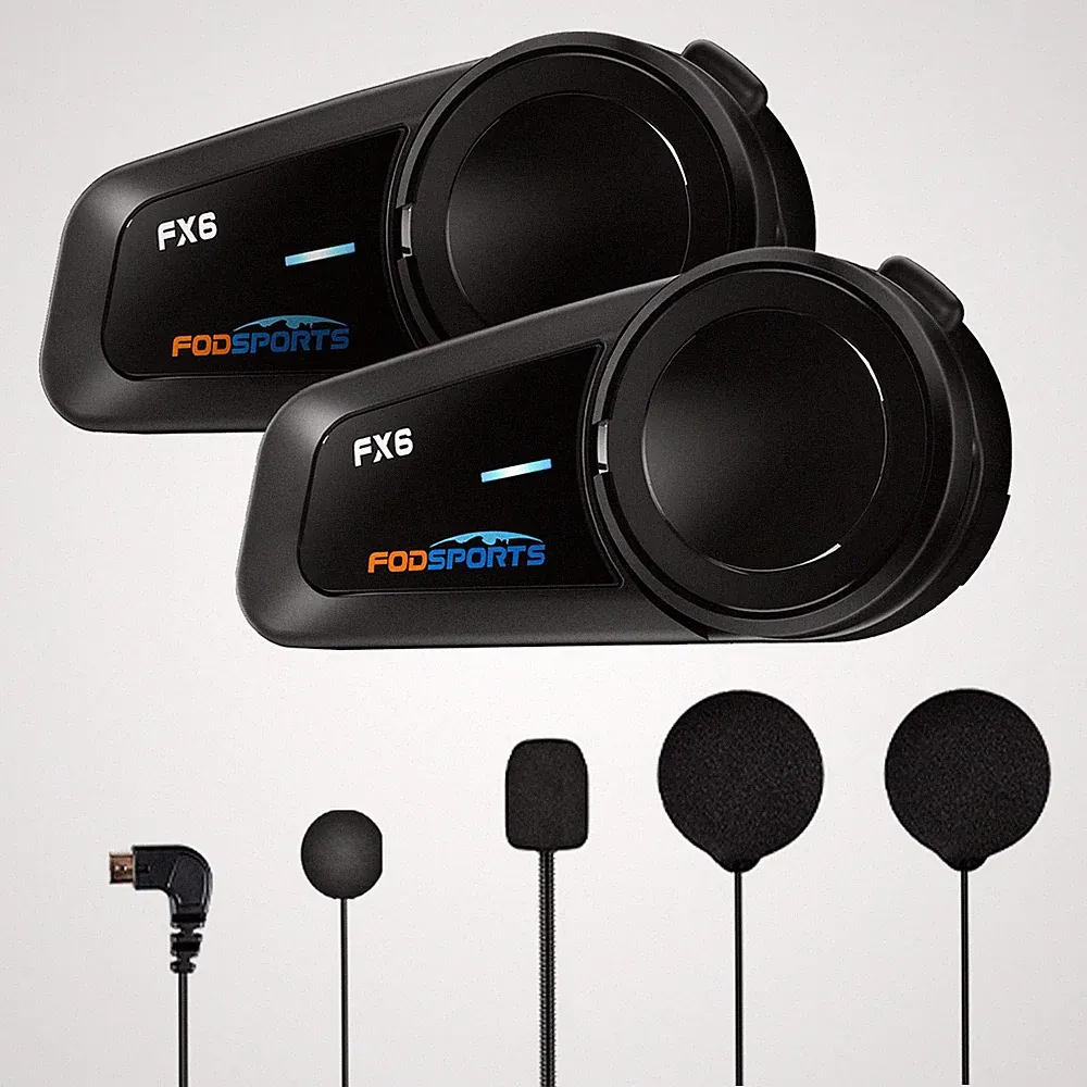 2X FX6 1000M Motorrad Helm Gegensprechanlage Bluetooth Intercom FM Sprachbefehl
