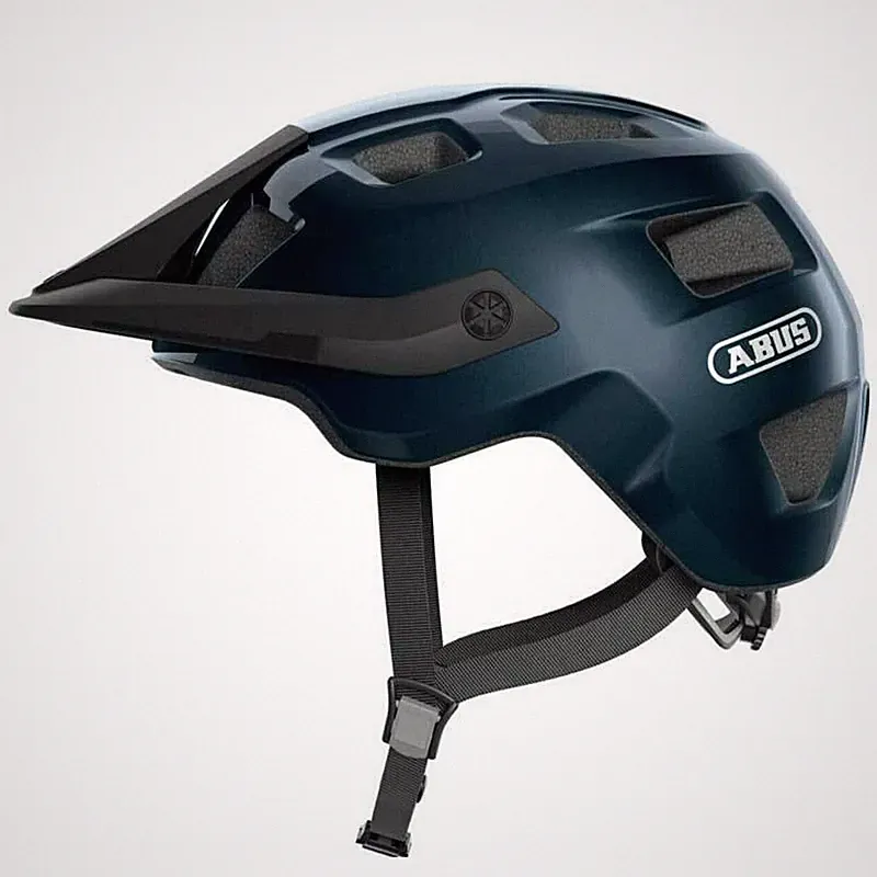 ABUS MTB robuster Fahrradhelm mit höhenverstellbarem Visier blau glänzend L