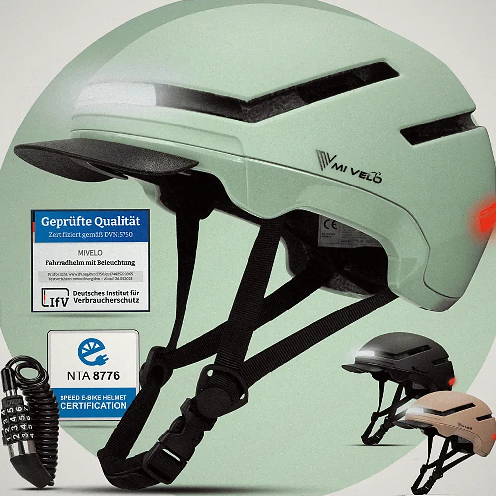 Fahrradhelm mint, schwarz oder beigeFahrradhelm mit Front- und Rücklicht NOVA Si