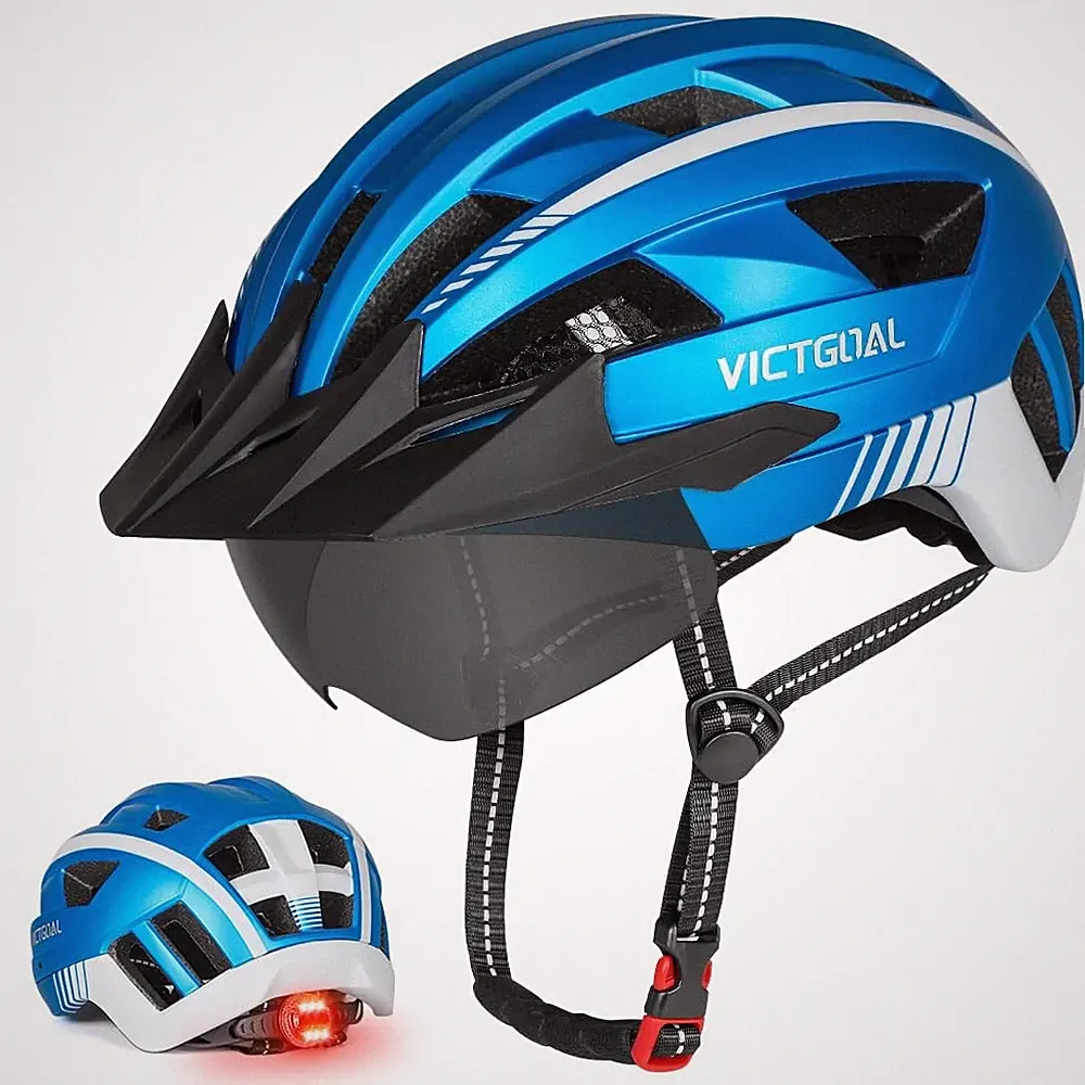 Fahrradhelm mit Visier für Herren Damen LED Rücklicht und Brille PC Schale EPS