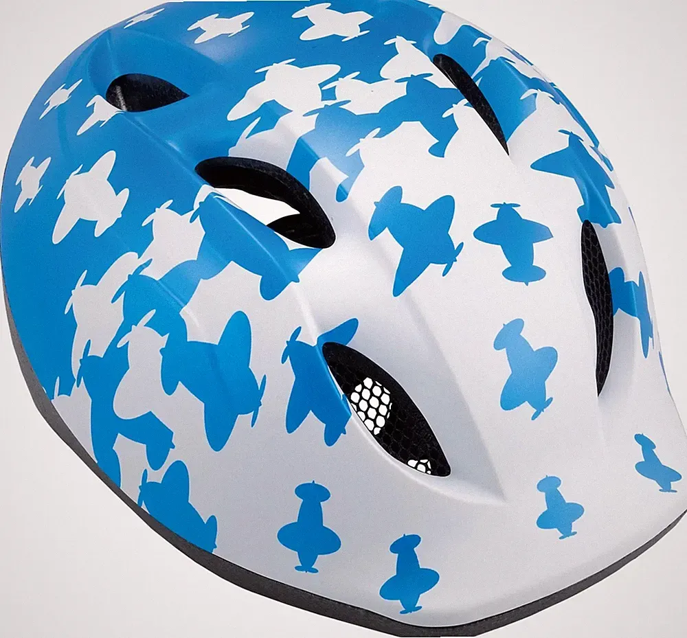 MET Buddy Kinder Fahrradhelm, 46–53 cm, Weiß/Blau Airplanes Flugzeug Motiv, NEU