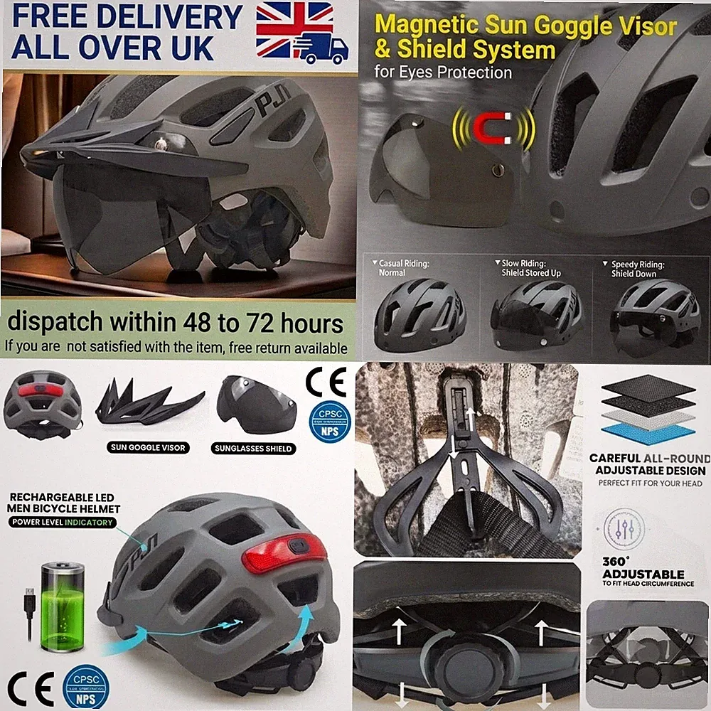 🔥 PJT LED Fahrradhelm mit Sonnenblende Akku Licht MTB Rennradhelm